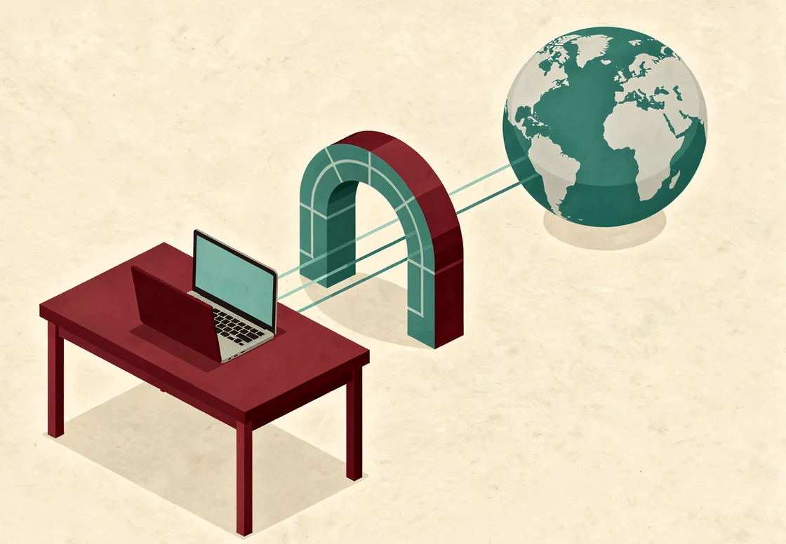 An isometric illustration: a laptop on a desk with an encrypted tunnel arcing away from it to a globe.